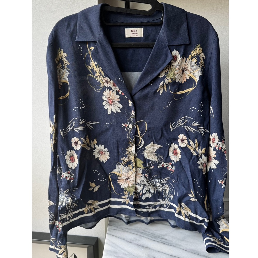 Aritzia Little Moon Abelia Blouse and Hazel Pant Set Navy Floral